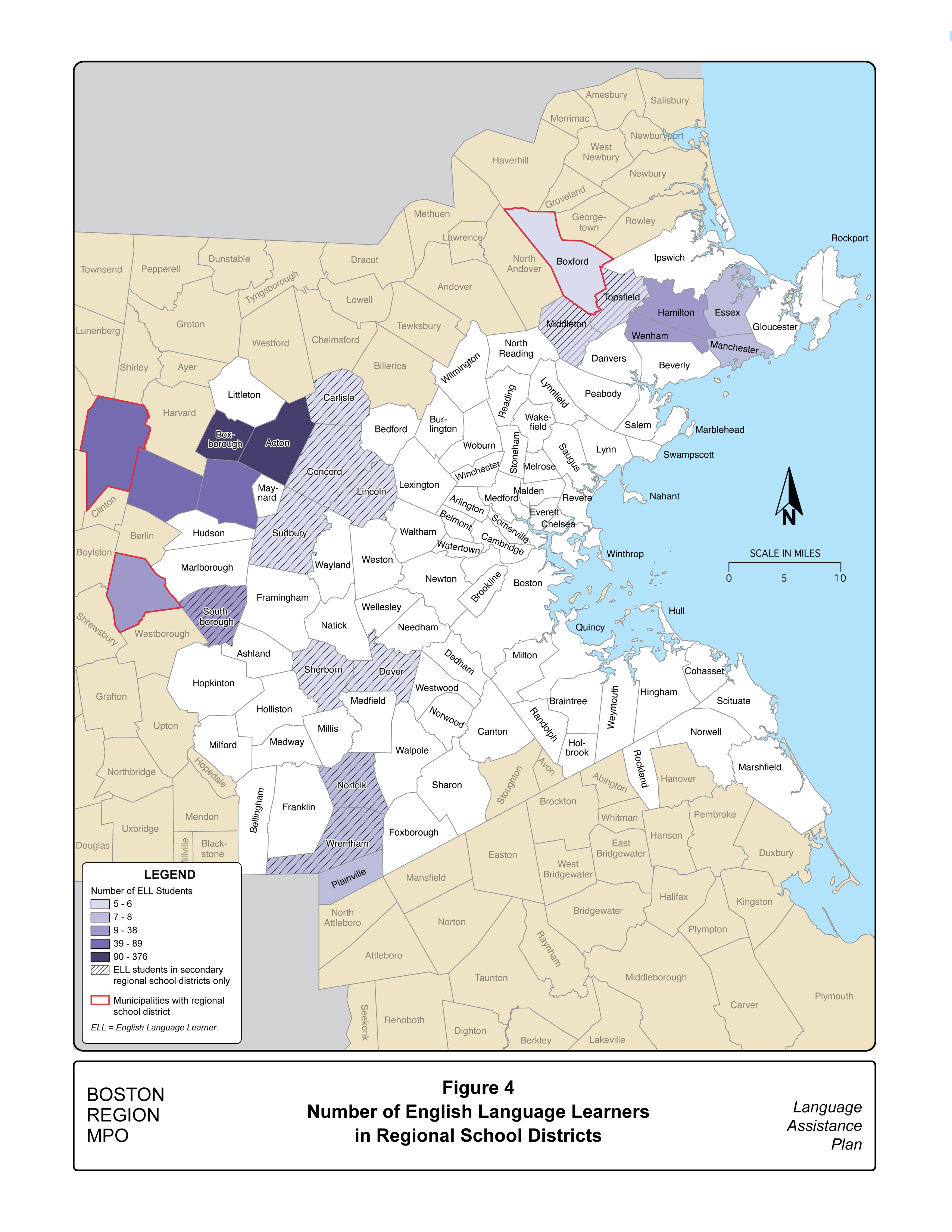 Figure 4 is a map showing the number of English language learners in regional school districts in the Boston region for the 2020–21 academic year.